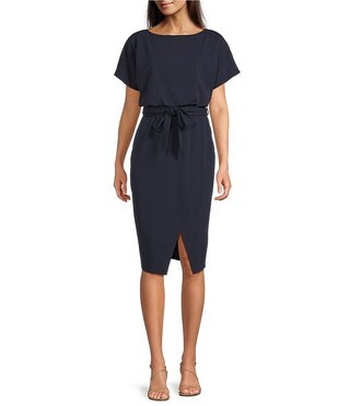 Textured Knit Boat Neck Self-Tie Waist Faux Wrap Blouson Dress | Dillard's