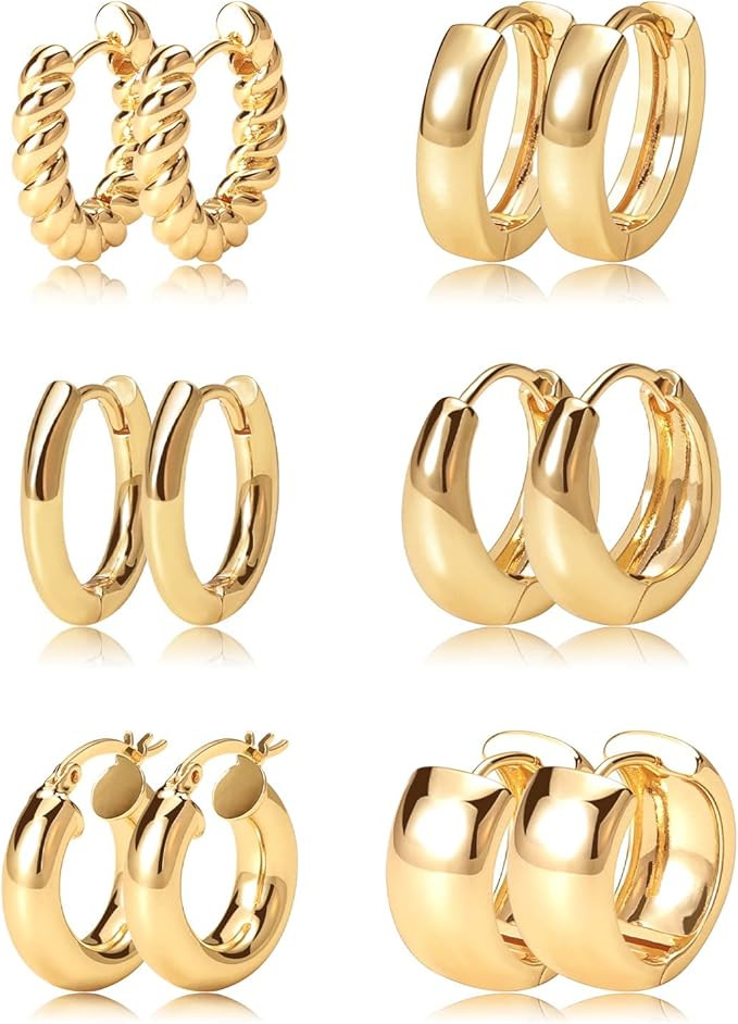 Gold Hoop Earrings Set 14k Gold Plated Huggie Earrings Hypoallergenic Chunky Twisted Thick Jewelr... | Amazon (US)