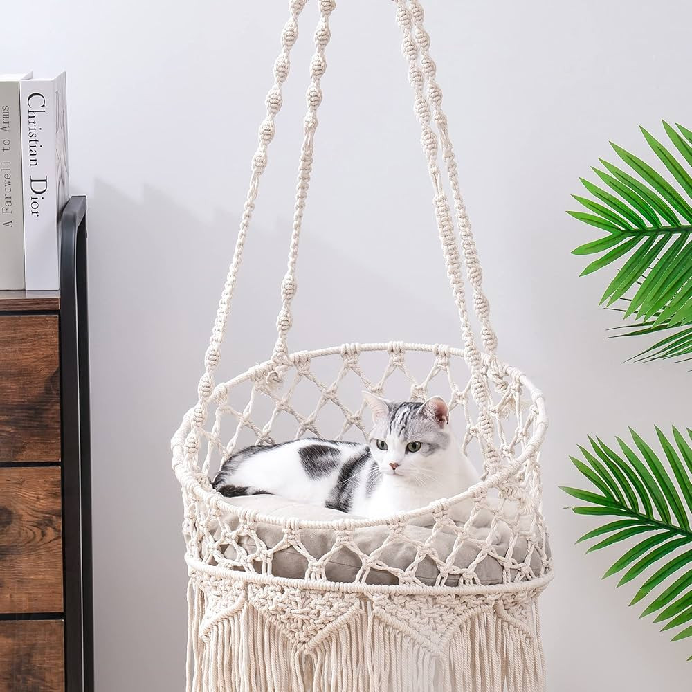MEWOOFUN Macrame Cat Hammock, Hanging Cat Bed Hammock Cat Swing for Indoor Cats, Boho Cat Swing B... | Amazon (US)