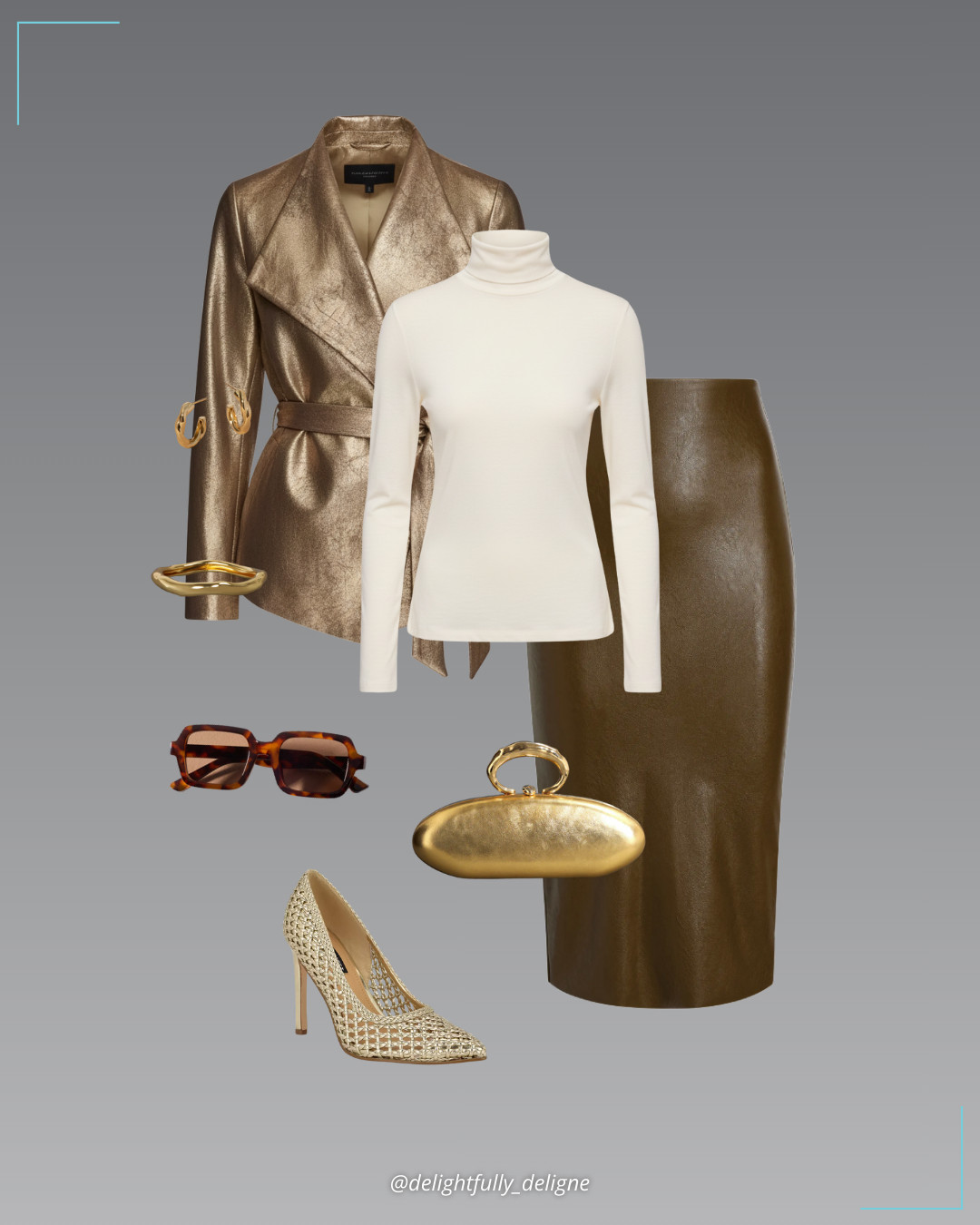 Cozy Luxe ✨🤎 Luxe wool-blend turtleneck t-shirt, cadet faux-leather midi skirt, metallic gold self-tie belted jacket, gold woven stiletto pointy-toe pumps, chunky rectangular sunglasses, molten gold bullet minaudière, twisted hoop earrings & small molten bangle bracelet. 

 #LTKootd #LTKSeasonal #LTKOver40