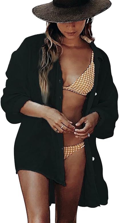 BUTTZO Women's Cotton Beachwear Bikini Swimwear Beach Club Sexy Lace Cover up Tops Bathing Suit | Amazon (US)