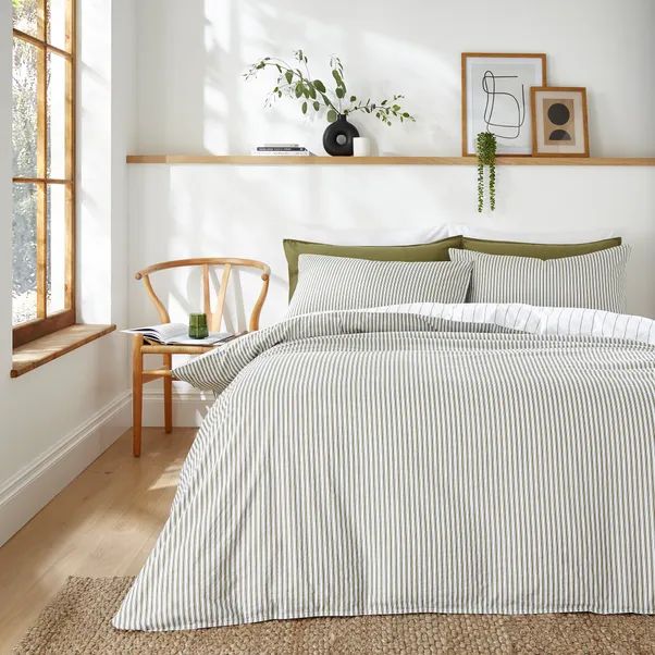 Fairford Ticking Stripe Olive Duvet Cover & Pillowcase Set | Dunelm