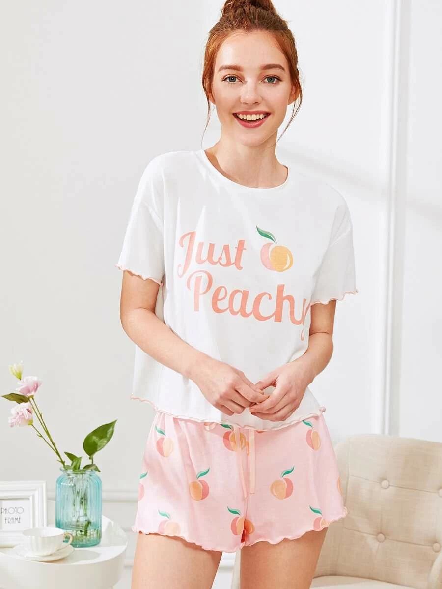 Fruit Print Lettuce Edge Tee And Shorts PJ Set | SHEIN