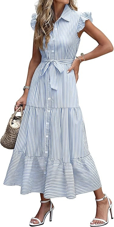 Caracilia Womens Button Down Maxi Dress, Striped Plaid Regular Fit, Summer Beach Vacation, Versat... | Amazon (US)