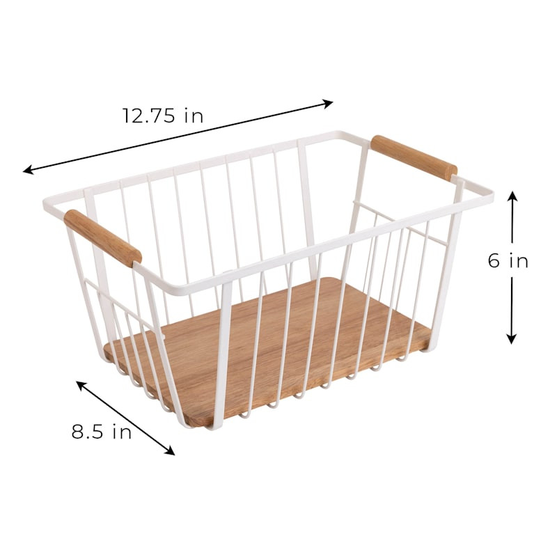 White Metal & Wood Storage Basket, Medium | At Home