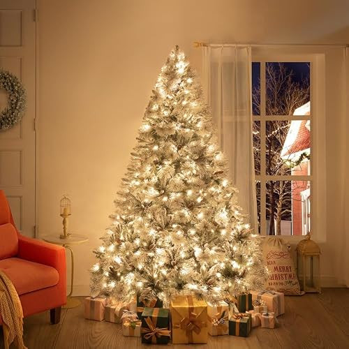 Naomi Home 6.5ft Snow Flocked Christmas Tree with Lights,Realistic Frosted Pine Prelit with Pine Cones, Foot Pedal 1040 Branch Tips, 650 Warm Lights & Metal Stand, Pre Lit Xmas Tree | Amazon (US)