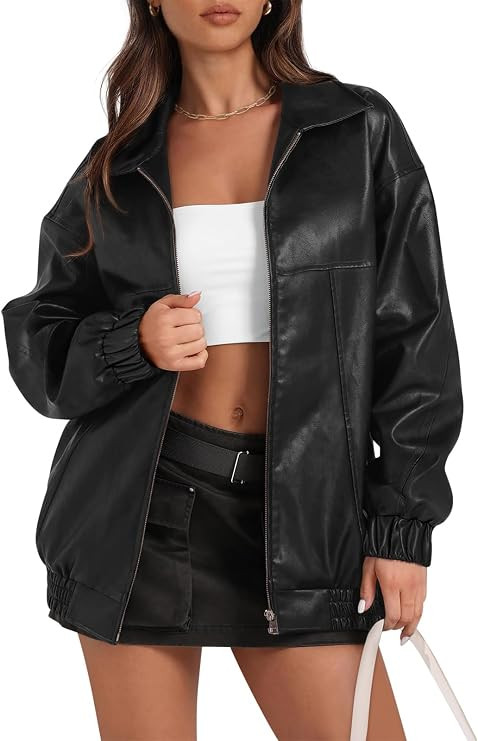 Yousify Womens Leather Jacket Oversized Faux Casual Zip Up Bomber Motorcycle Jackect Trendy Fall ... | Amazon (US)