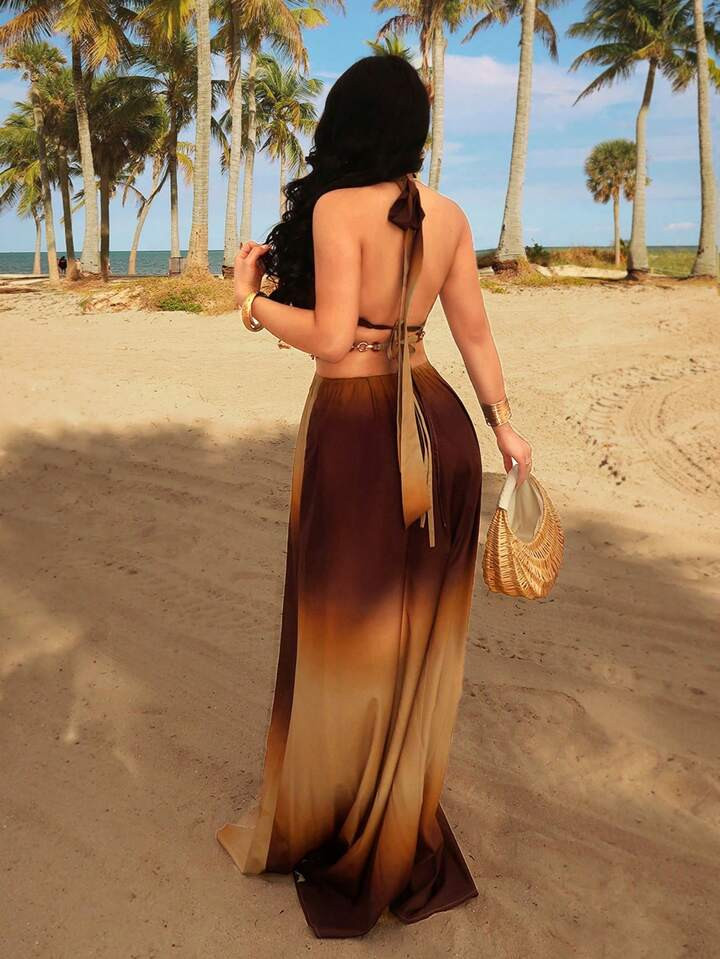 SHEIN SXY Vacation Seaside Gradient Color High Slit Ladies Sexy Backless Maxi Dress Summer Outfit... | SHEIN
