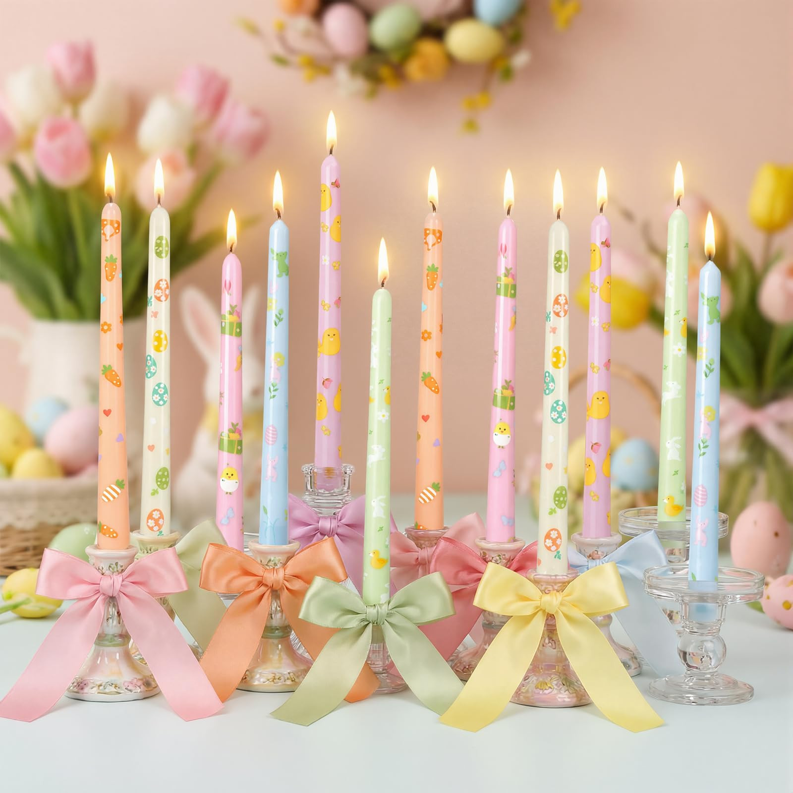 Nuanchu 12 Pcs Easter Taper Candles Pastel Easter Bunny Rabbit Decorative Candles 10 Inch Egg Car... | Amazon (US)