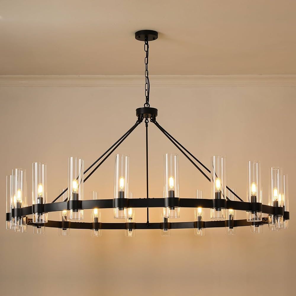 20-Lights Black Chandelier,Wagon Wheel Chandelier with Glass Shade, 60 Inch Large Round Industria... | Amazon (US)