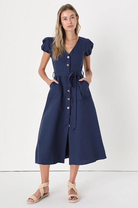 Sicily Sweetheart Navy Blue Button-Front Puff Sleeve Midi Dress | Lulus (US)