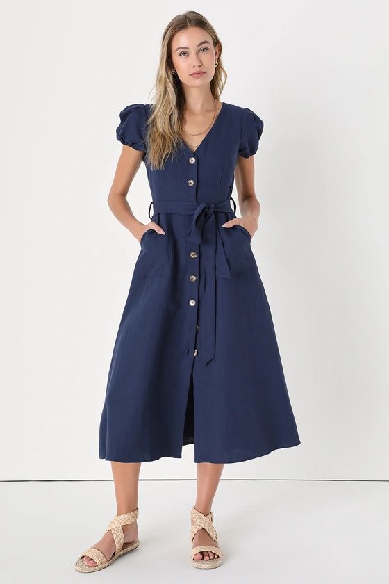 Sicily Sweetheart Navy Blue Button-Front Puff Sleeve Midi Dress | Lulus (US)