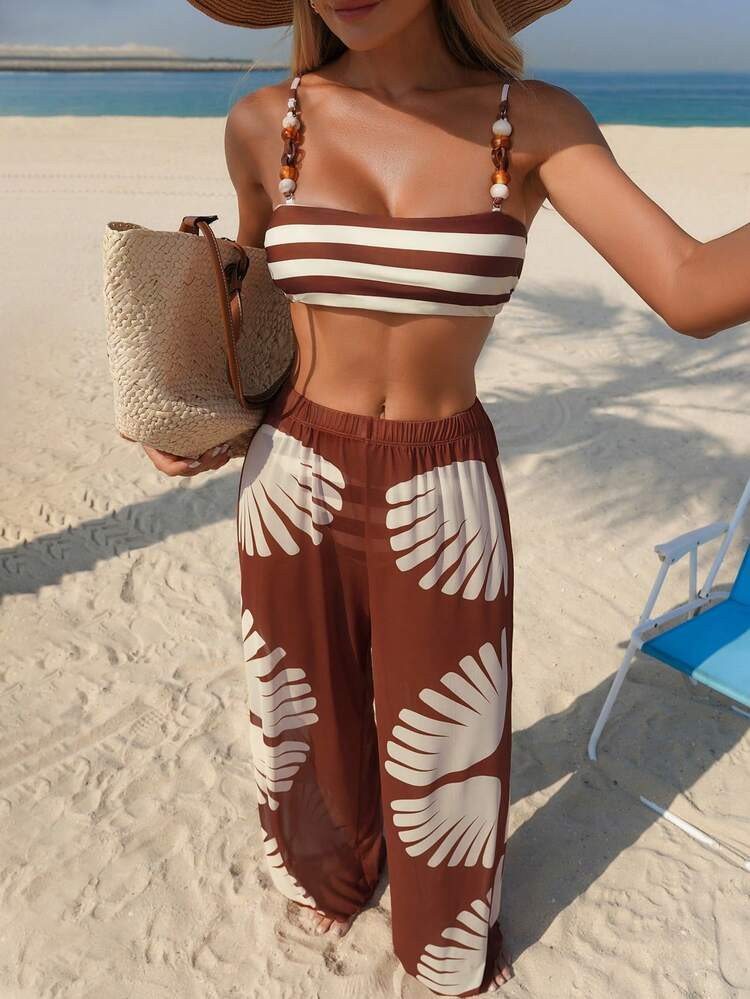 2026 3pcs/Set Women's Bohemian Style Spaghetti Strap Bikini Set With Abstract Leaf Print Wide Leg... | SHEIN