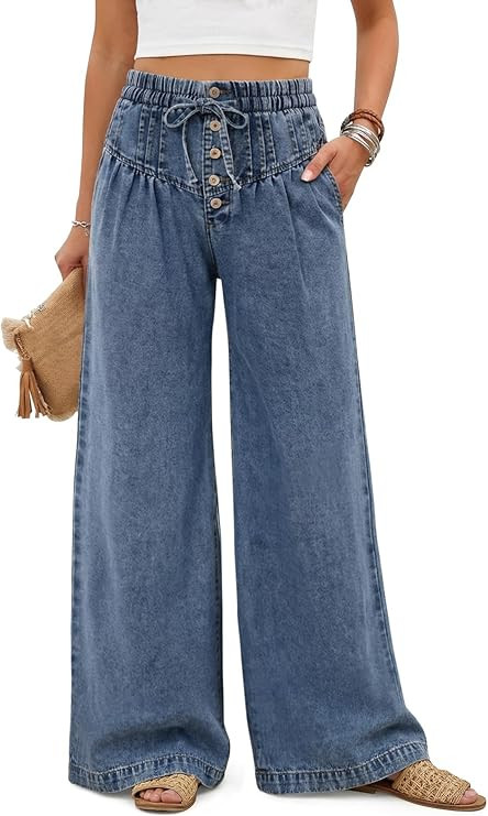 Tankaneo Womens Wide Leg Baggy Jeans Pleated Elastic High Waisted Drawstring Palazzo Denim Pants ... | Amazon (US)