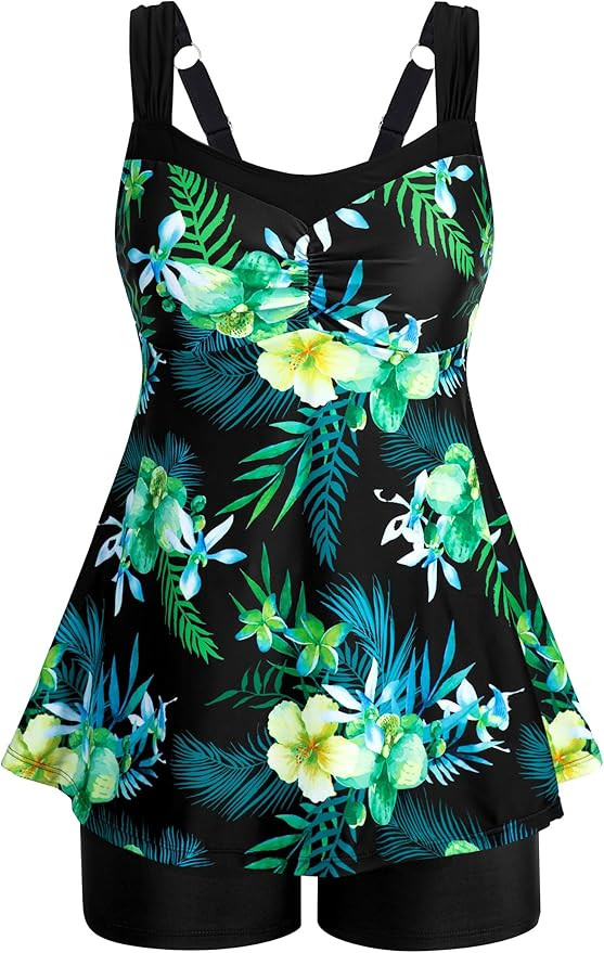 HUSKARY Tankini Swimsuits for Women Tummy Control Two Piece Bathing Suit Flowy Swim Tank Top with... | Amazon (US)