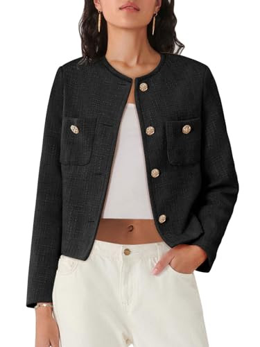 Women's Tweed Blazers Long Sleeve Business Button Down Casual Cropped Blazer Jackets with Pockets | Amazon (US)