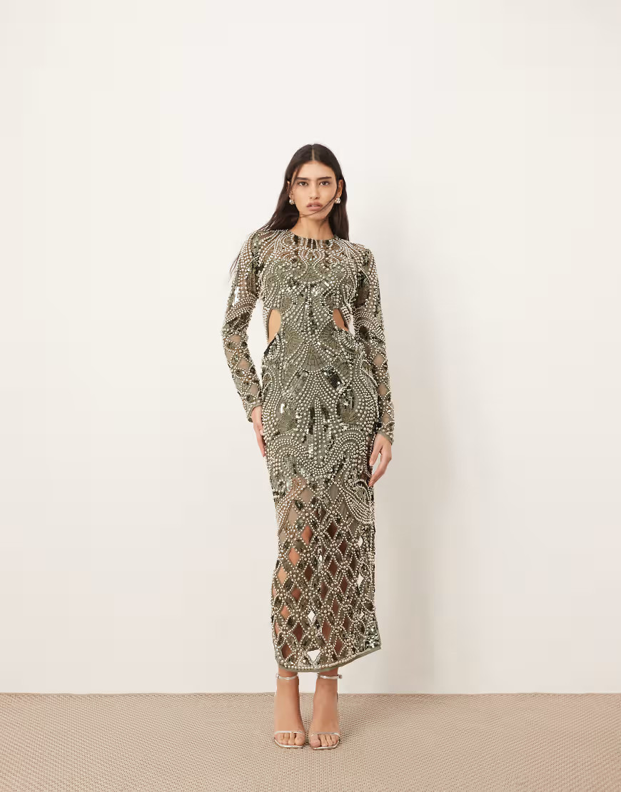 ARRANGE embellished metal look cage cut work maxi dress in dark green | ASOS (Global)