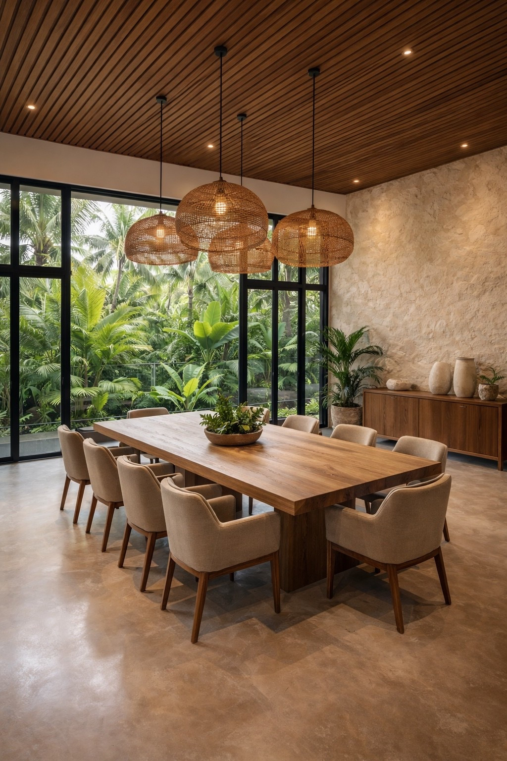 This stunning Bali-inspired dining room features a large natural wood dining table, woven rattan pendant lights and floor-to-ceiling black frame windows overlooking lush tropical greenery. Warm wood ceiling panels and neutral tones create a relaxing organic modern atmosphere perfect for a luxury villa style home. The minimalist decor and soft upholstered chairs make this space elegant, calm and inviting.

#balistylehome
#balihome
#organicmodern
#moderninterior
#diningroomdesign
#luxuryinteriors
#modernhomeinspo
#naturalinterior
#interiordesignideas
#tropicalmodern
#modernvilla
#luxurydiningroom
#neutralhome
#homeinspo
#modernliving