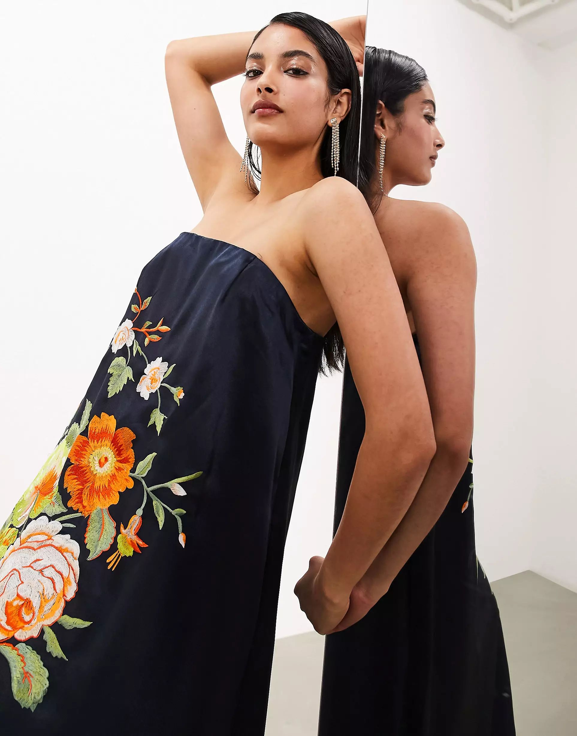 ASOS EDITION embroidered floral clean bandeau maxi dress in charcoal | ASOS | ASOS (Global)