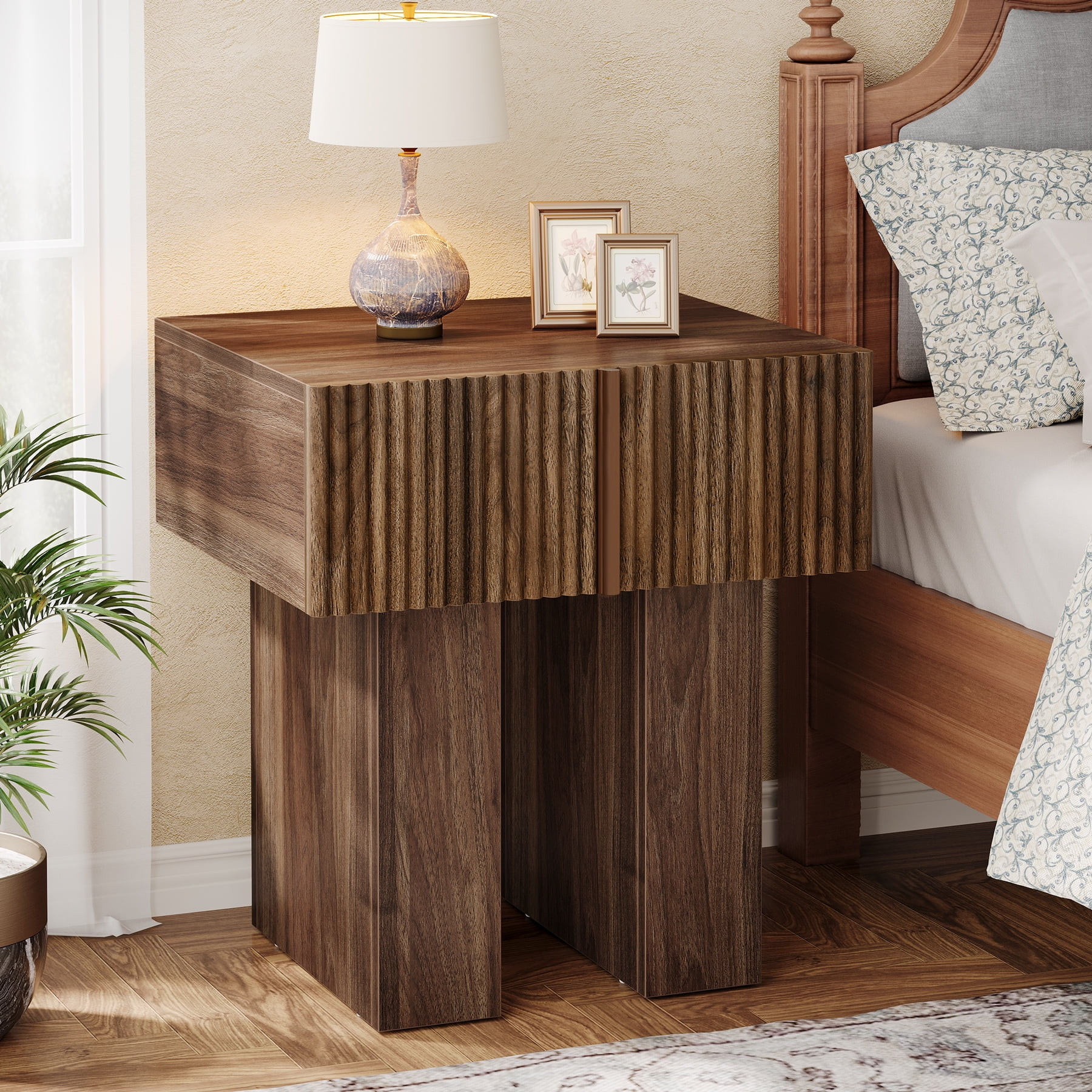 Tribesigns Farmhouse Nightstand, Fluted Night Stand with Storage Drawer, Wooden Bedside Table Sid... | Walmart (US)