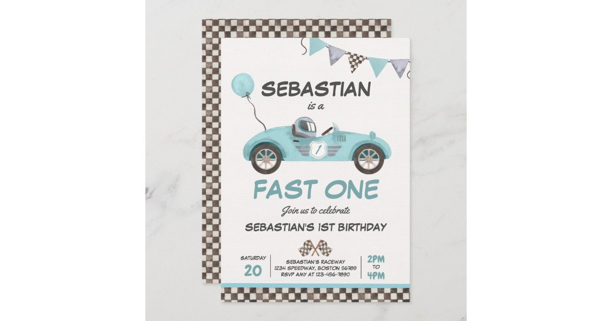 Fast One Birthday Party Blue Race Car 1st Birthday Invitation | Zazzle | Zazzle