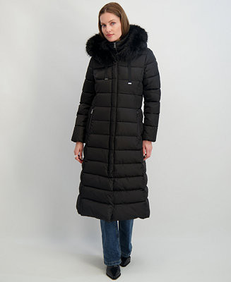 Womens Maxi Shine Bibbed Faux-Fur-Trimmed Hooded Puffer Coat | Macy's