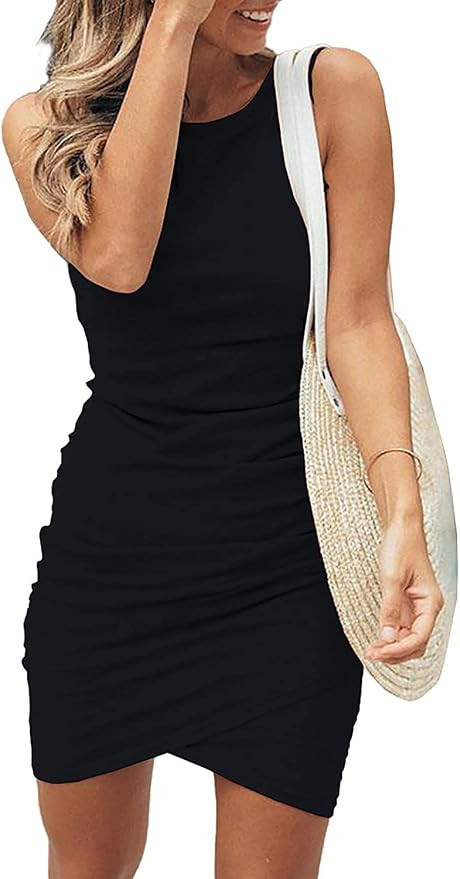 HiMONE Women Sleeveless Tank Ruched Bodycon Wrap Casual Short Dresses | Amazon (US)