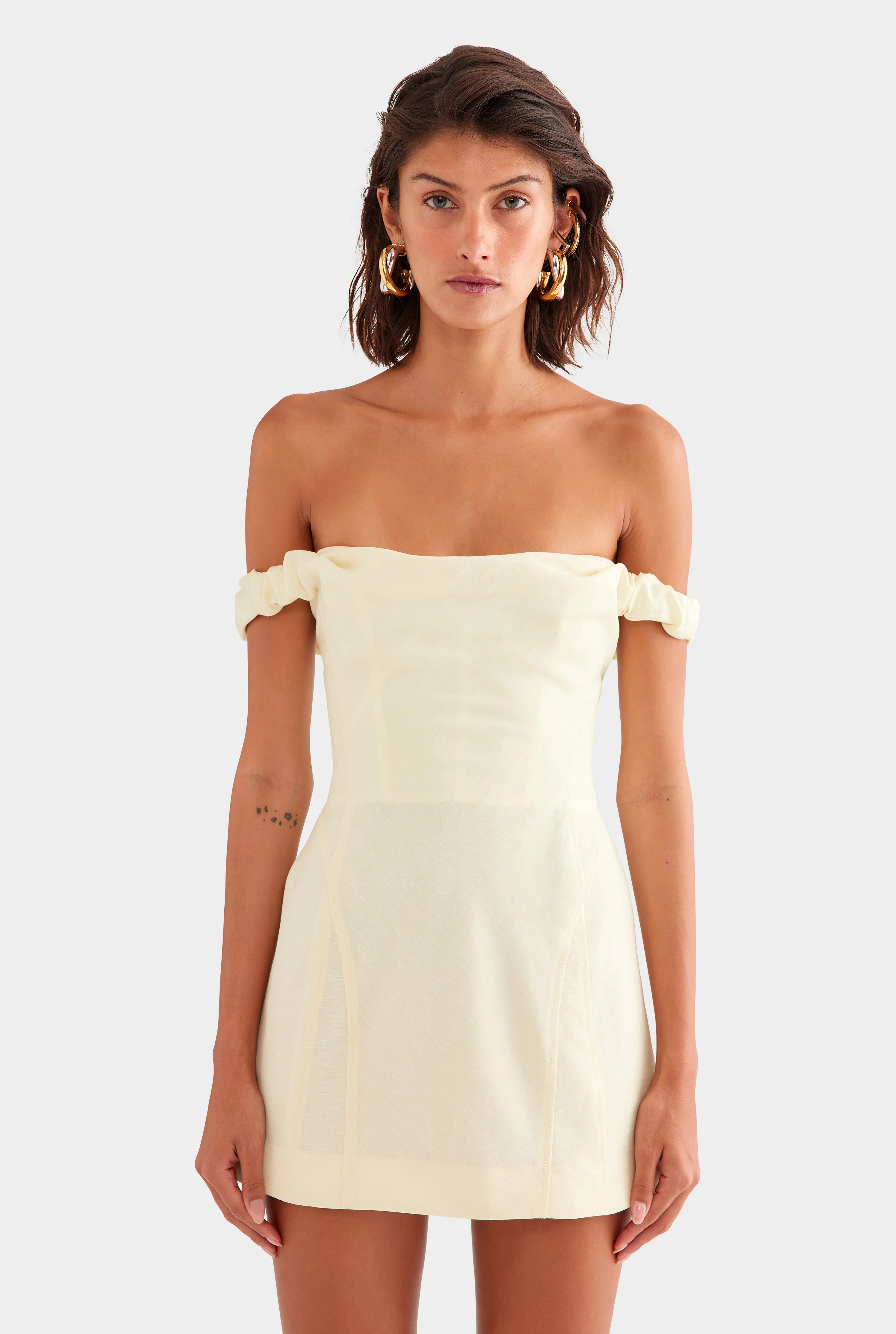 Wool Linen Corset Mini Dress in Pale Yellow | Venroy | Venroy AU