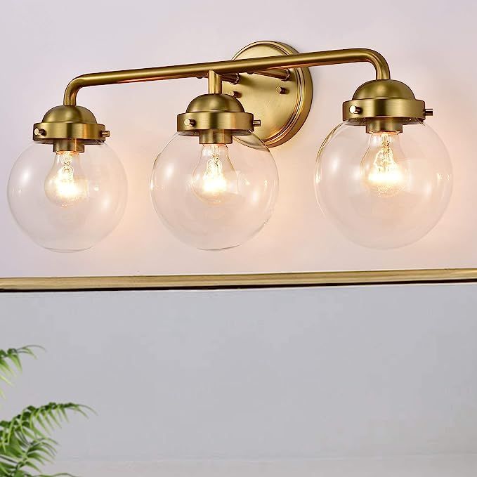 3-Light Bathroom Vanity Light Fixture Antique Brass with Globe Clear Glass Shades | Amazon (US)