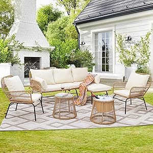 NICESOUL® 6 Pcs Boho Outdoor Patio Furniture Set, High Back L-Shaped Sectional with Ice Bucket T... | Amazon (US)