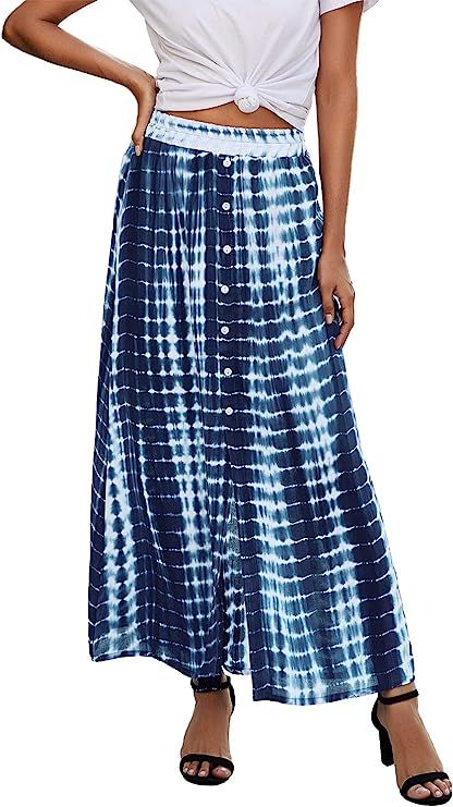 PRETTYGARDEN Women’s Bohemian Tie Dye Print Long Skirts Button Down High Waist Split A-Line Max... | Amazon (US)
