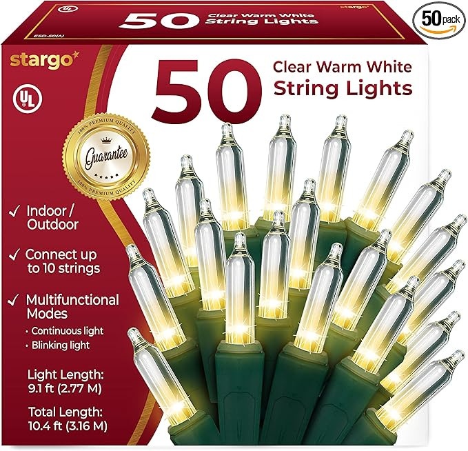 Clear Warm White Christmas Lights - 9 ft String of 50 Incandescent Mini Bulbs Multifunctional Lig... | Amazon (US)