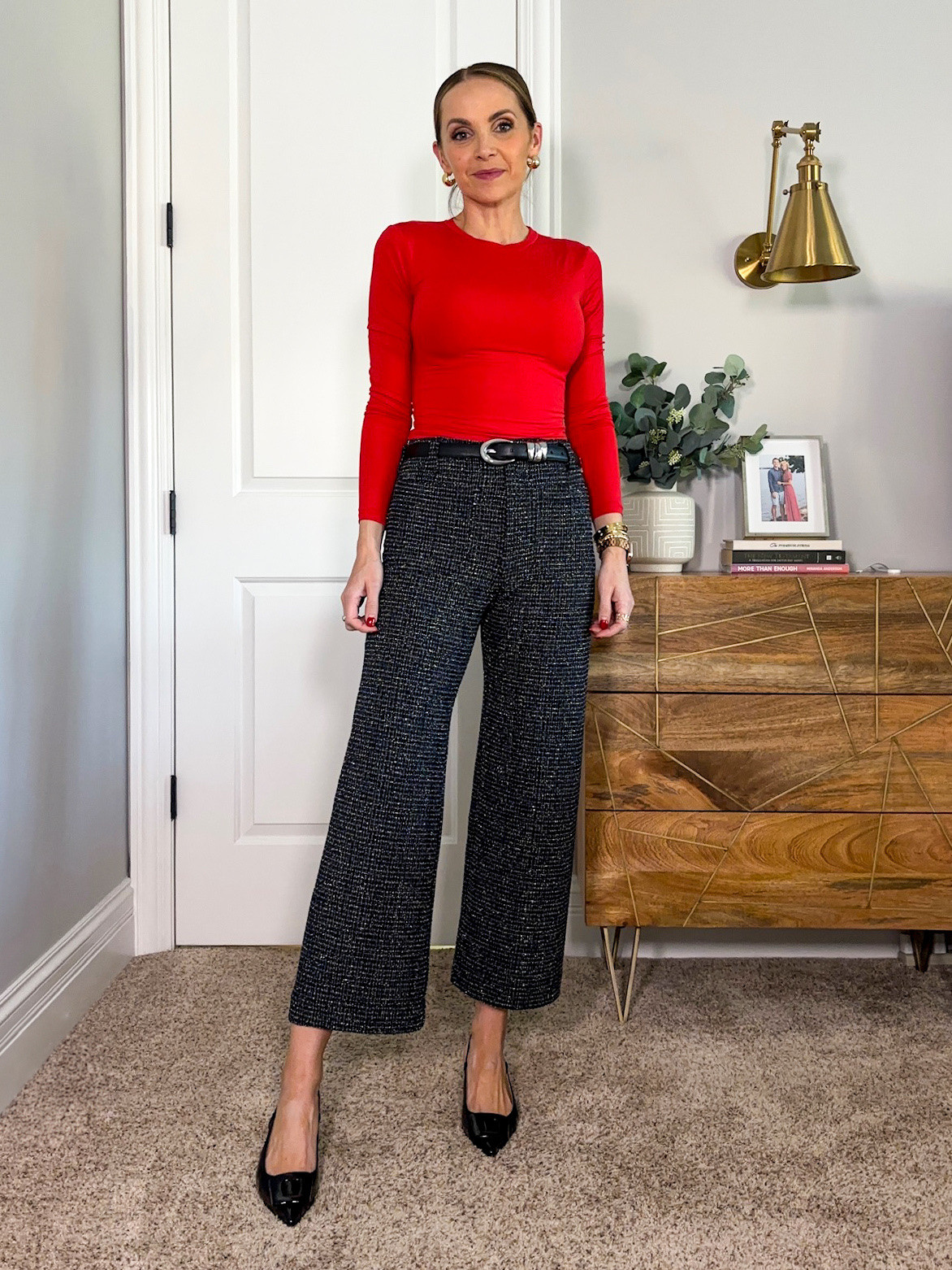 Red @pumiey fitted tee + @anthropologie pants + belt fall winter workwear style 

#LTKWorkwear #LTKStyleTip #LTKSeasonal
