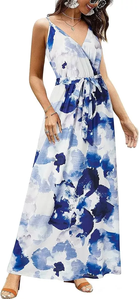 OUGES Womens Deep V Neck Floral Beach Maxi Dress