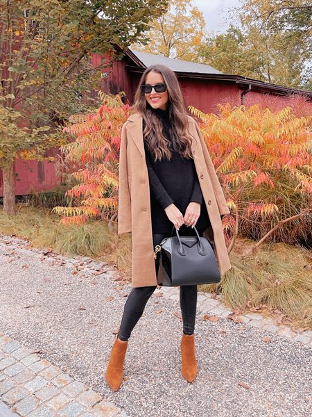 Fall outfit idea with camel coat, Free People tunic sweater and Spanx faux leather leggings! All runs true to size, wearing S  

#LTKSeasonal #LTKstyletip