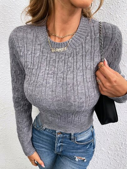 Round Neck Cable Knit Crop Sweater | SHEIN