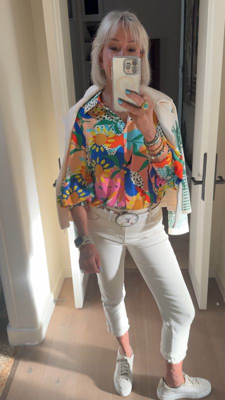 Amazon super find pull over blouse tropical print and also come in other great prints. Some tops are button front.
Jeans my favorite Girlfriend from Chicos. P448 sneakers are now half price. 
Jewelry by my go to brand Dean Davidson

#LTKSaleAlert #LTKOver40 #LTKFindsUnder50