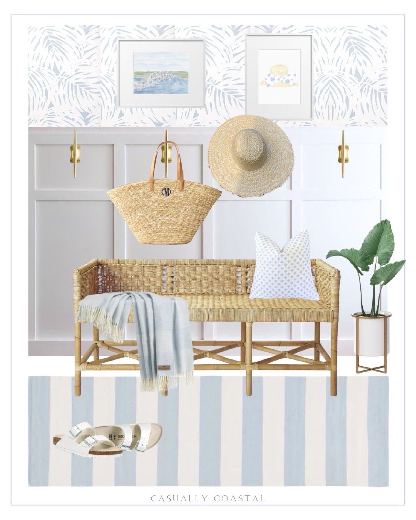 Need some ideas for your entryway? I love a bench and a few simple hooks to hang a tote bag, a beach hat (makes for great decor!), and it instantly looks welcoming. Almost as if it says, "come on in & stay a while!" 
----------------------

Coastal home decor, coastal style, coastal rug, entryway ideas, entryway furniture, coastal bench, Serena & Lily bench, woven bench, wicker bench, rattan bench, bench for end of bed, bedroom bench, coastal wallpaper, palm wallpaper, wall molding, half wall paneling, wall wainscoting, oversized straw tote, beach bag, hooks, entryway hooks, gold hooks, coastal throw blanket, blue throw blanket, sky blue ivory area rug, striped rug, coastal rugs, affordable rugs, beach house ideas, beach house entryway, lake house ideas, hallway runner, Wayfair rug, coastal pillows, spring pillow covers, soft blue palm trees, Etsy pillows, Etsy wall art, etsy artwork, small framed artwork, watercolor artwork, coastal artwork, indoor outdoor planter pot, target planters, indoor/outdoor planters, fake plants, greenery, straw hat, beach hats, Birkenstock sandals, beach sandals, upholstered bench, rattan wall hangers, spring home decor

#LTKHome
