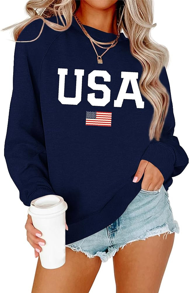 Lacozy Womens USA Sweatshirt Crewneck American Flag Sweater Long Sleeve 4th of july T shirts Loos... | Amazon (US)