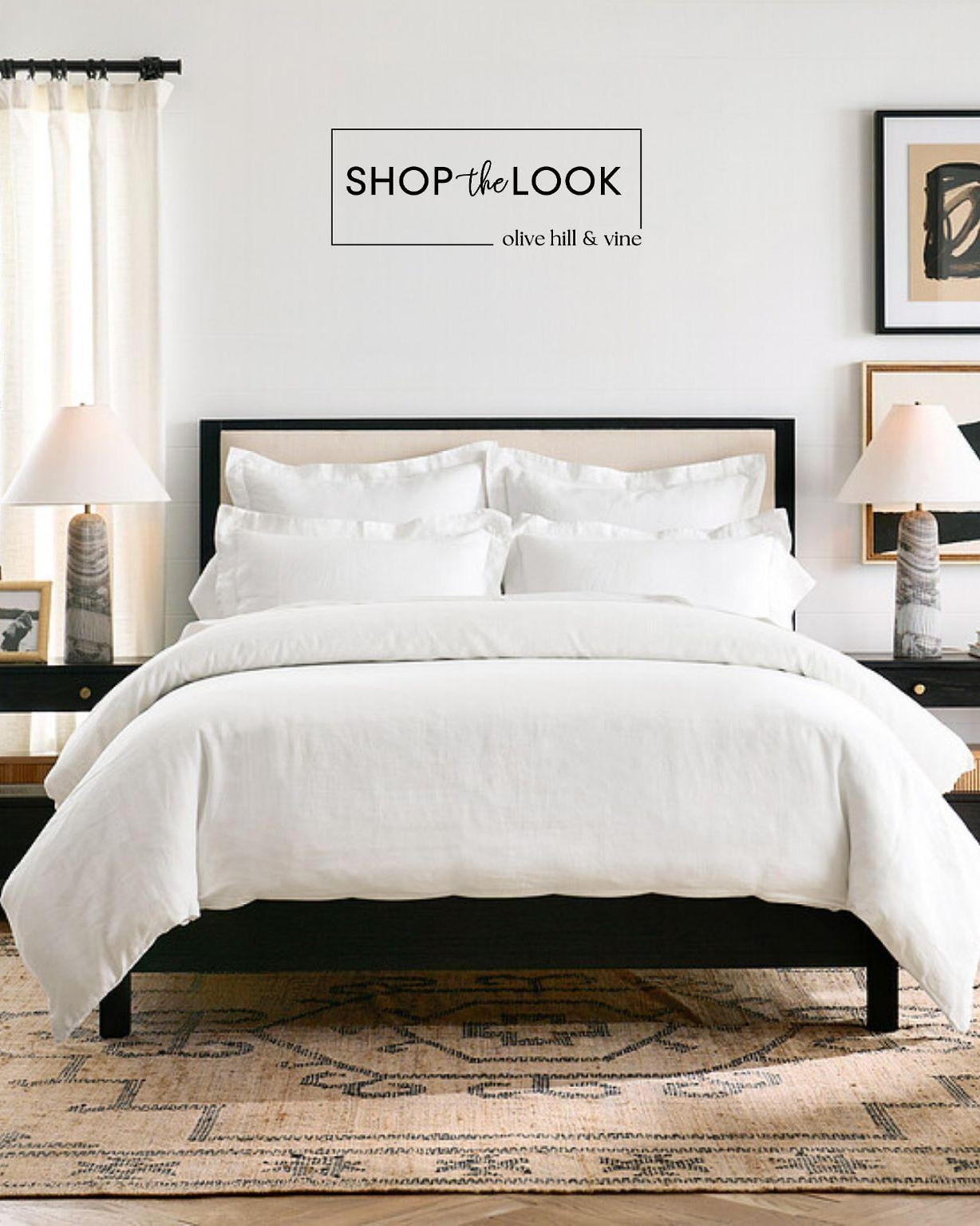 Soft neutrals meet bold black accents in a bedroom that feels polished, collected, and effortlessly inviting. Crisp white bedding, vintage-inspired pattern, sculptural lighting, and layered artwork bring this sophisticated palette beautifully to life.

#LTKHome