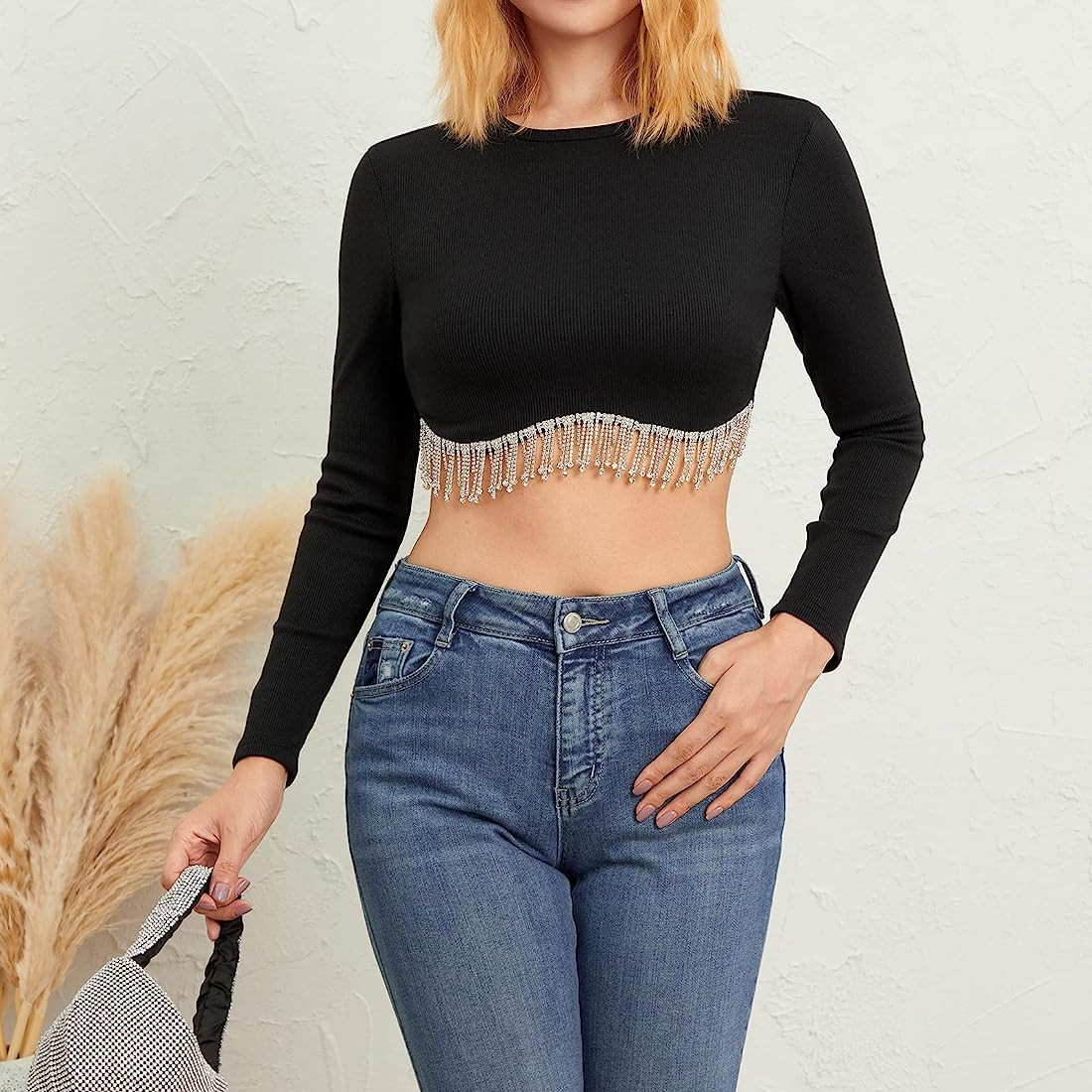 Women Sexy Rhinestone Beading Tassel Trim Crop Tank Top Long Sleeveless Round Neck Casual Tops Te... | Amazon (UK)