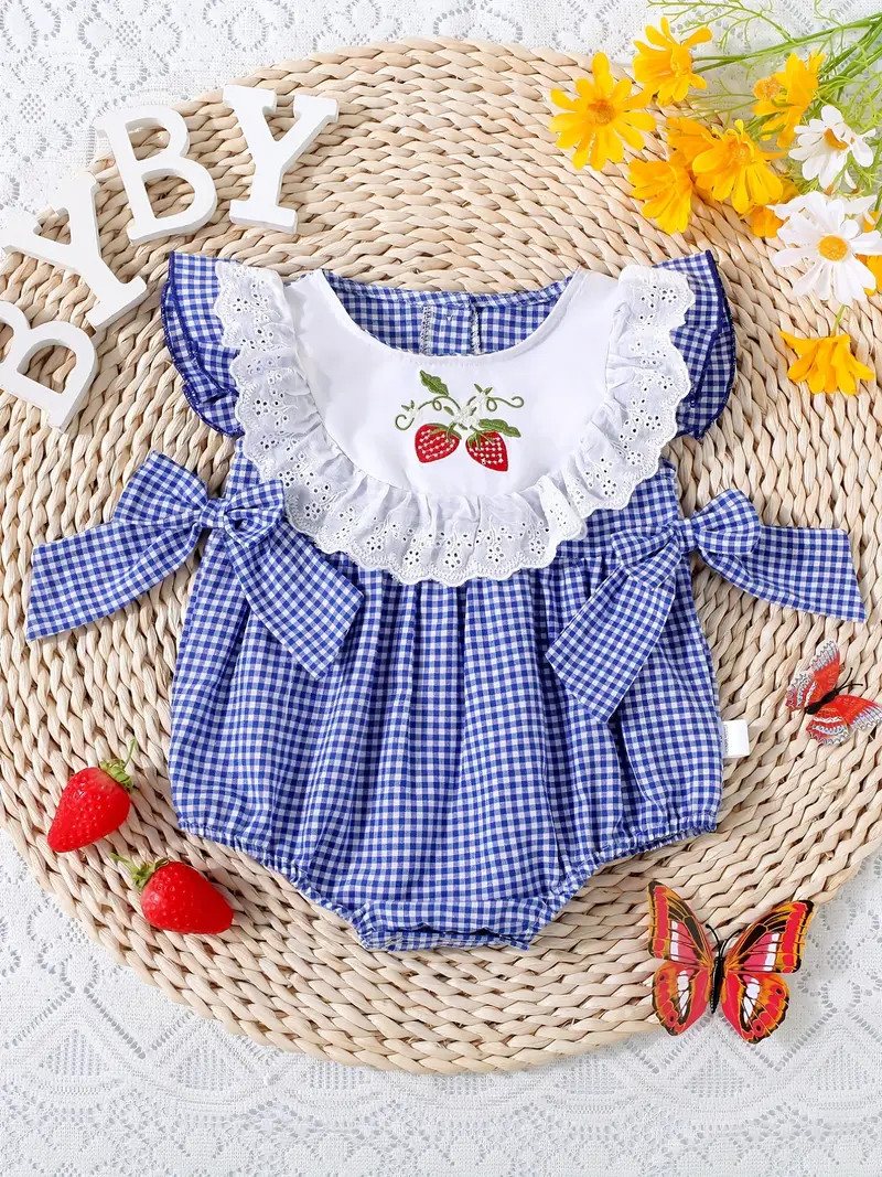 Baby Girls Cute Strawberry Embroidery Bowknot Plaid Ruffle - Temu | Temu Affiliate Program