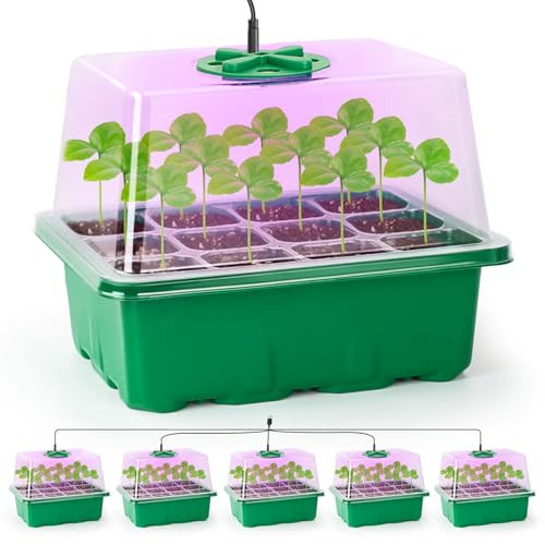 Bonviee 5 Packs Seed Starter Tray with Plant Light, Elevated Seedling Starter Trays Kits with Adjustable Humidity Domes and Clear Cell Tray, 12 Full Spectrum led lamp Beads for Plants Indoor-Green | Amazon (US)