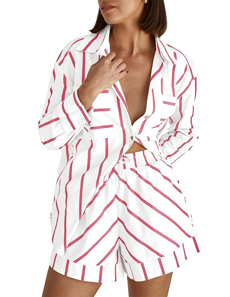 Women's Striped 2 Piece Outfits Casual Button Down Shirts and Shorts Drawstring Pajamas Lounge Ma... | Amazon (US)