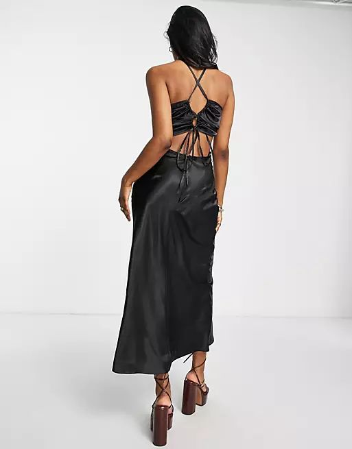 Topshop satin ruched neck cut out midi dress in black | ASOS (Global)