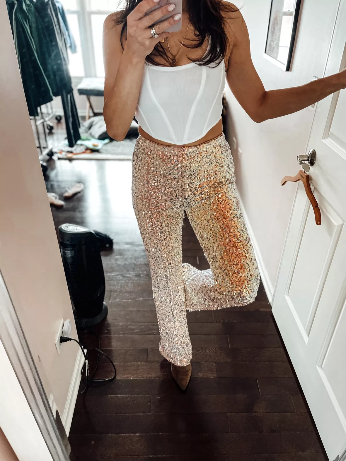 Style Pantry  Plunging Neck Bodysuit + Sequin High Waist Pants
