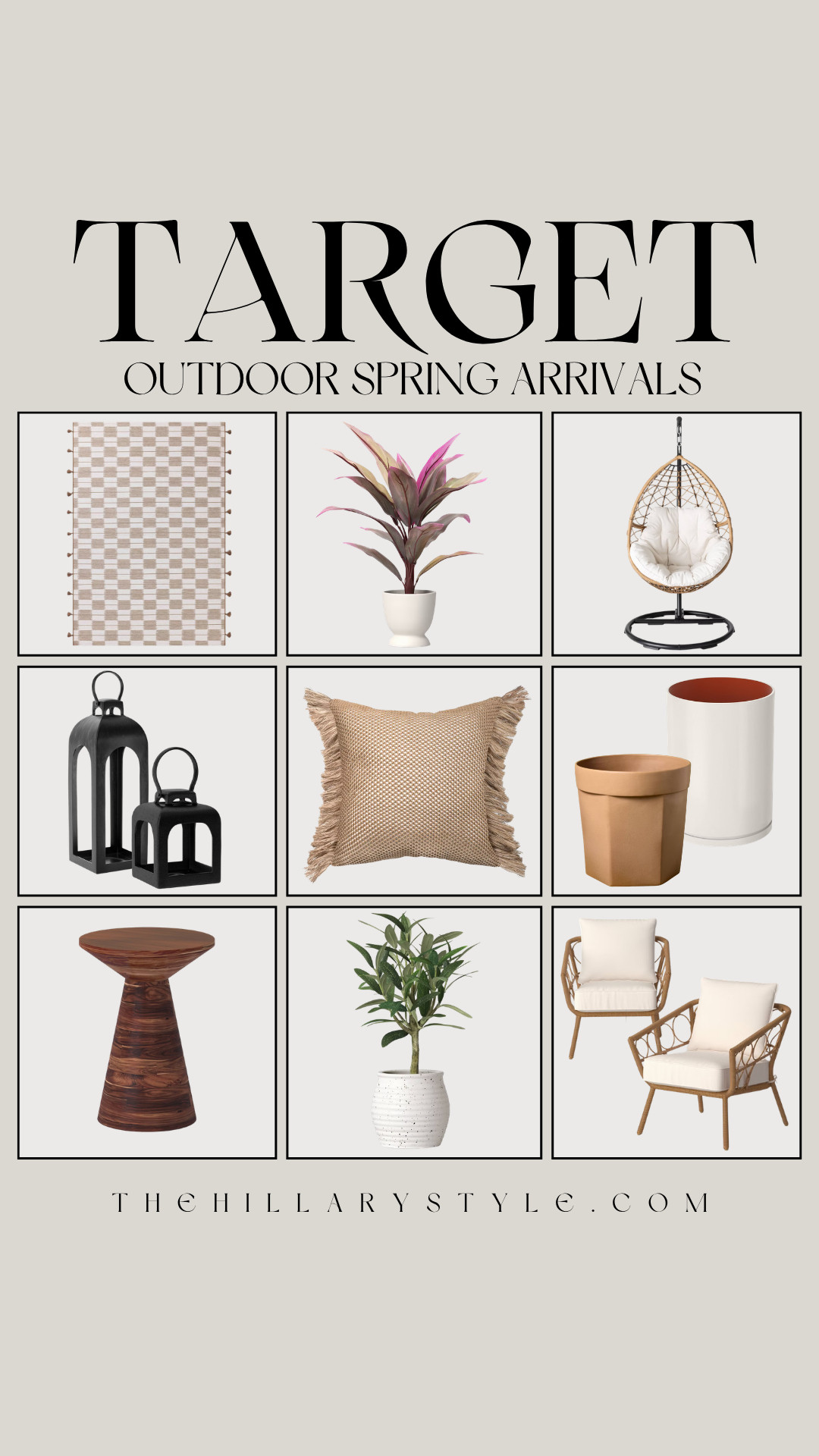 Target Outdoor Spring Arrivals | Coastal Neutral Patio Refresh
Get ready to transform your patio for spring with these must-have outdoor arrivals from Target! This collection is all about achieving that perfect coastal neutral vibe with textured finishes and a warm, inviting feel. Shop my top picks to create a curated and comfortable outdoor oasis. The hanging egg chair is the ultimate cozy addition, paired perfectly with the fringed burlap pillow and checkered rug for a touch of refined texture. Don't forget to layer in stylish details with the black lanterns, terracotta planters, and a dark wood accent table. Elevate your space further with lush greenery, like a tropical plant or faux olive tree, and complete the look with the sleek, modern club chairs. These pieces will create an outdoor escape you’ll never want to leave.

#TargetStyle #TargetFinds #OutdoorLiving #PatioDecor #SpringRefresh #CoastalDecor #NeutralHome #PatioFurniture #OutdoorOasis #SpringHome #CozyPatio #TheHillaryStyle 

 

#LTKmomlife #LTKSeasonal #LTKHome