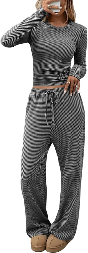 CHYRII Womens Two Piece Sets Fall Fashion Striped Long Sleeve Tops Wide Leg Palazzo Pants Outfits... | Amazon (US)