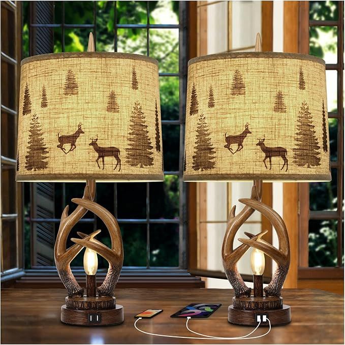 Scenekoy Rustic Farmhouse Antlers Table Lamp Set of 2 with Nightlight Dual USB Ports Linen Fabric... | Amazon (US)