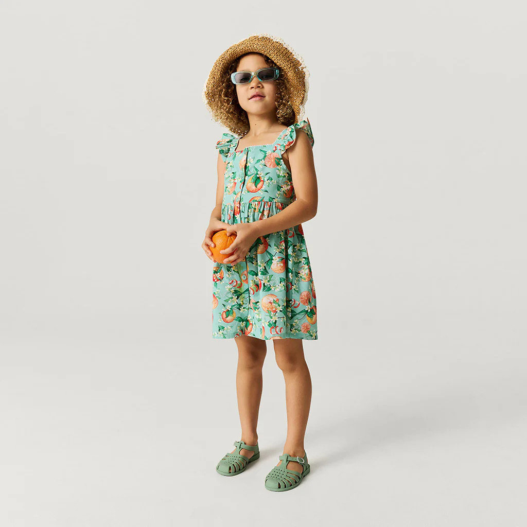 Citrus Green Ruffled Strap Arancia Challis Button-Down Dress | Posh Peanut® | Posh Peanut